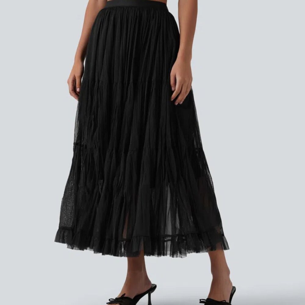 HALARA Black High Waisted Contrast Mesh Tule Maxi Skirt Medium Fully Lined NEW